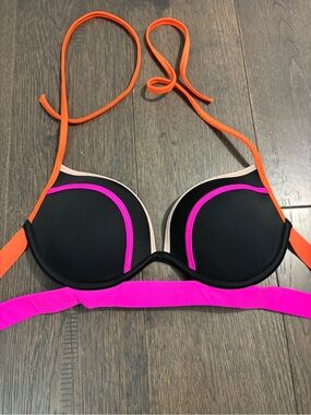 Victoria's Secret Black Bikini Top with Neon Pink and Orange Trim